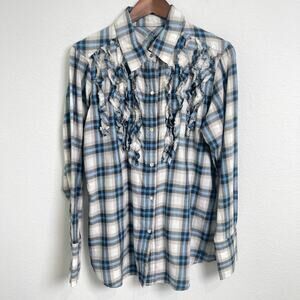 Seven7 Plaid Western Snap Shirt Blue Gray Frayed Distressed Women’s 14/16